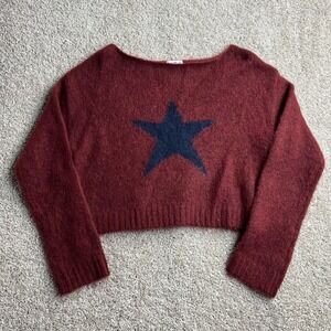 BP. Sweater Womens Medium Red Star Graphic Boat Neck Fuzzy Cropped Knit Pullover